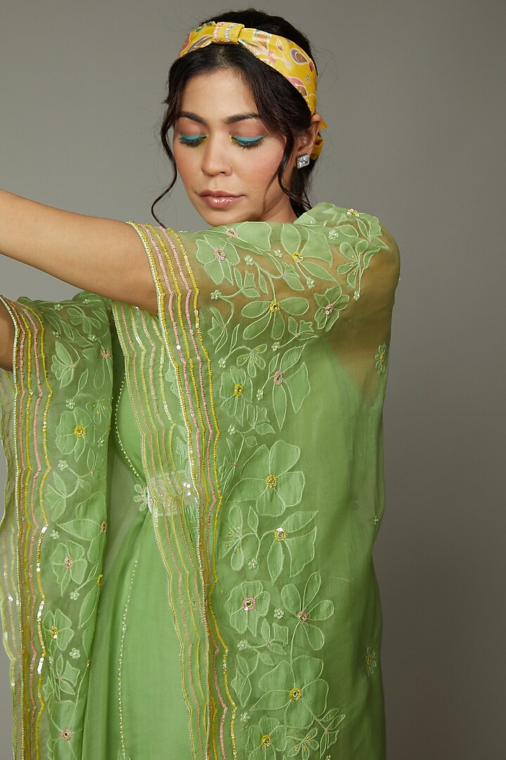 Green Apple Candy Applique & Hand Embroidered Kaftan Set by I AM DESIGN at Pernia's Pop Up Shop