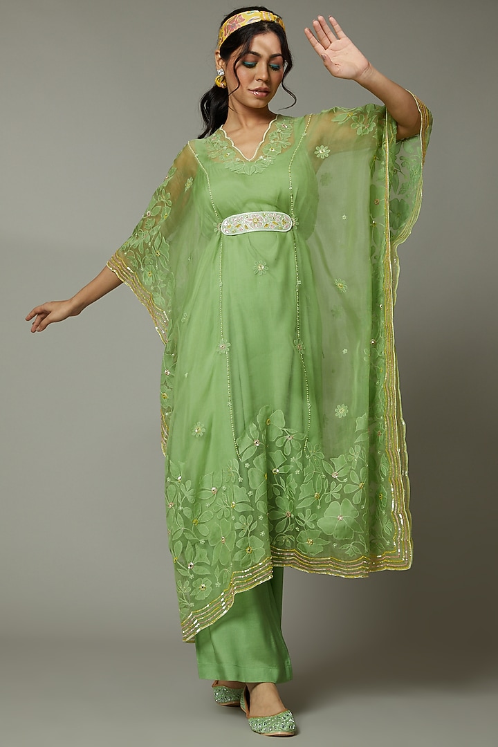 Green Apple Candy Applique & Hand Embroidered Kaftan Set by I AM DESIGN at Pernia's Pop Up Shop