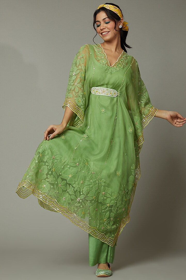 Green Apple Candy Applique & Hand Embroidered Kaftan Set by I AM DESIGN at Pernia's Pop Up Shop