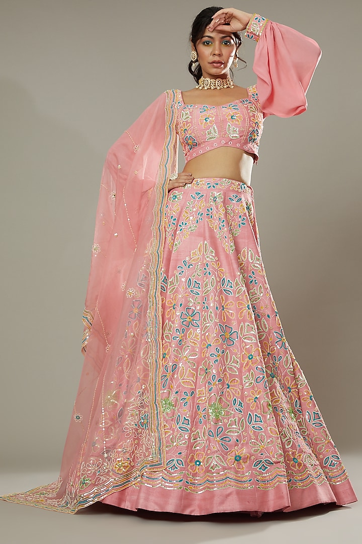 Candy Floss Hand Embroidered Raw Silk Lehenga Set  by I AM DESIGN