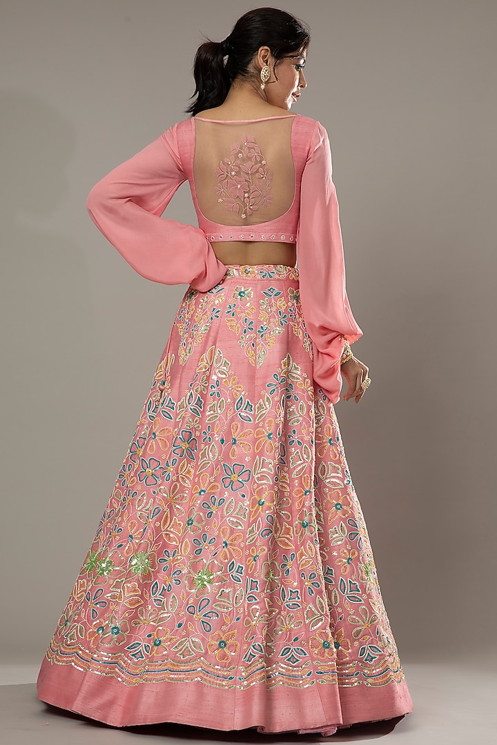 Candy Floss Hand Embroidered Raw Silk Bridal Lehenga Set by I AM DESIGN at Pernia's Pop Up Shop