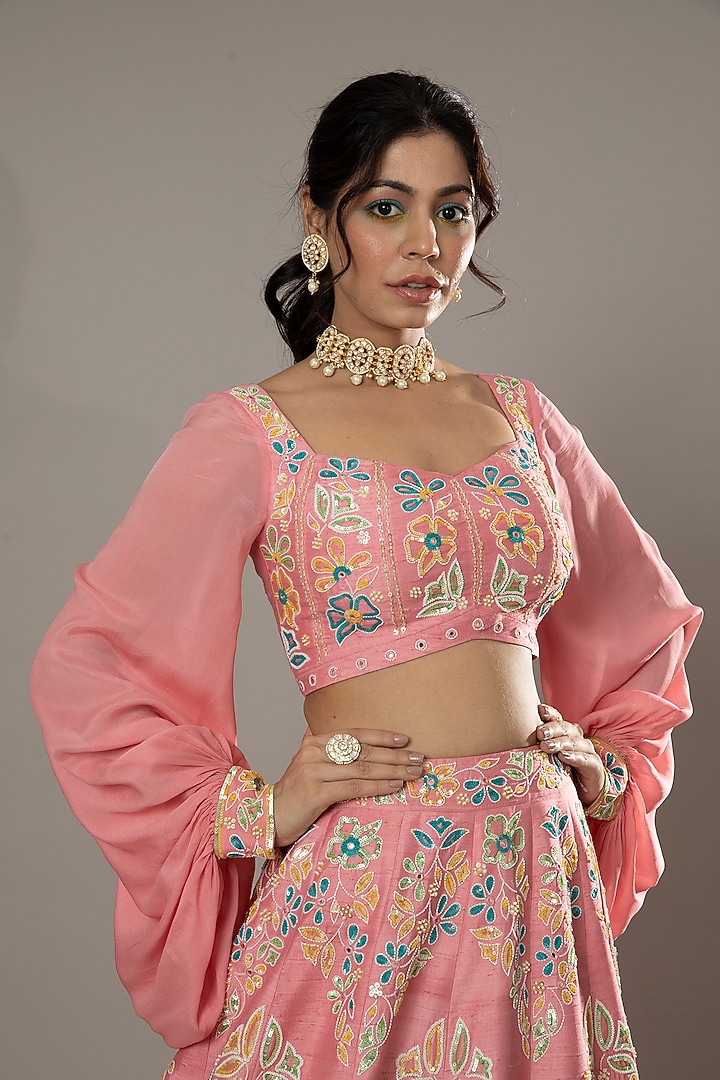 Candy Floss Hand Embroidered Raw Silk Bridal Lehenga Set by I AM DESIGN at Pernia's Pop Up Shop