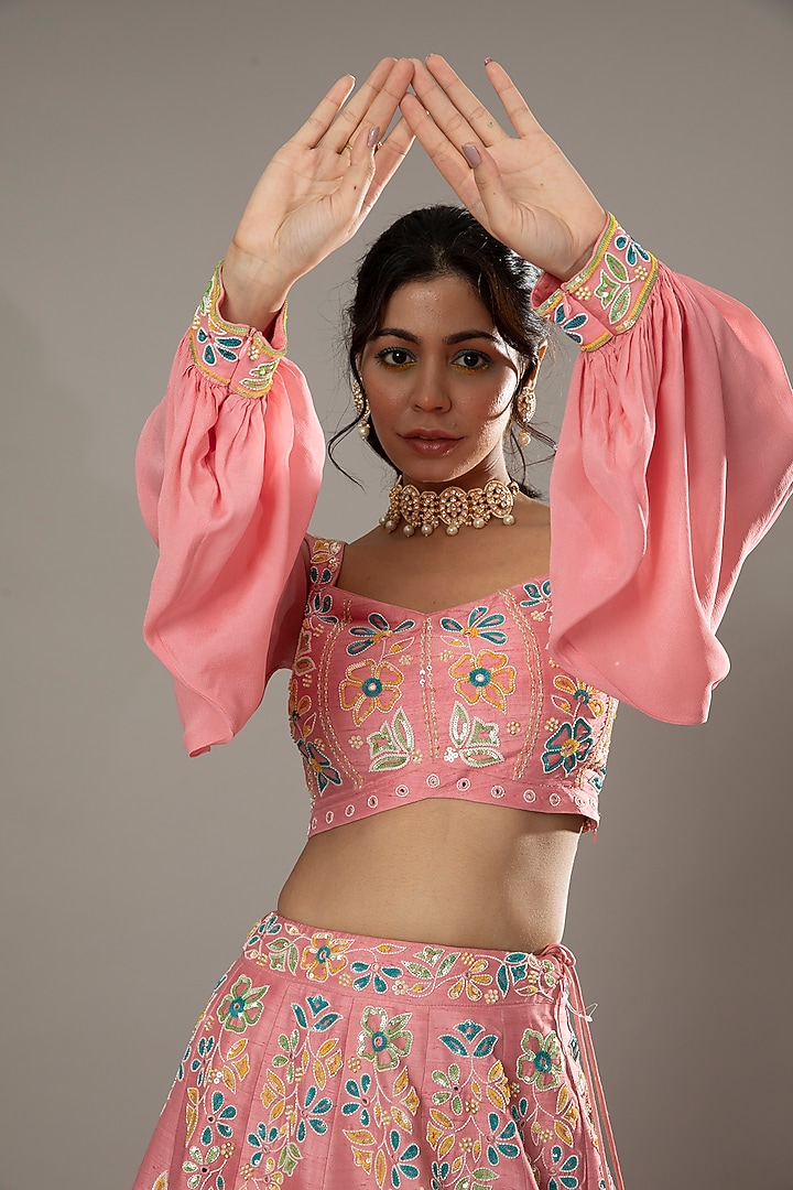 Candy Floss Hand Embroidered Raw Silk Bridal Lehenga Set by I AM DESIGN at Pernia's Pop Up Shop