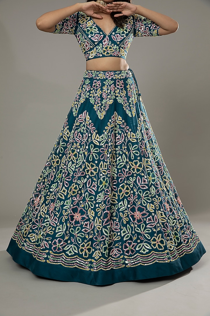 Blueberry Candy Hand Embroidered Raw Silk Bridal Lehenga Set by I AM DESIGN at Pernia's Pop Up Shop