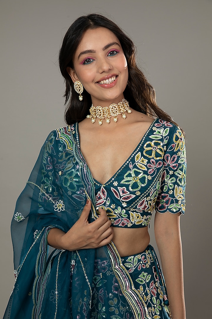 Blueberry Candy Hand Embroidered Raw Silk Bridal Lehenga Set by I AM DESIGN at Pernia's Pop Up Shop