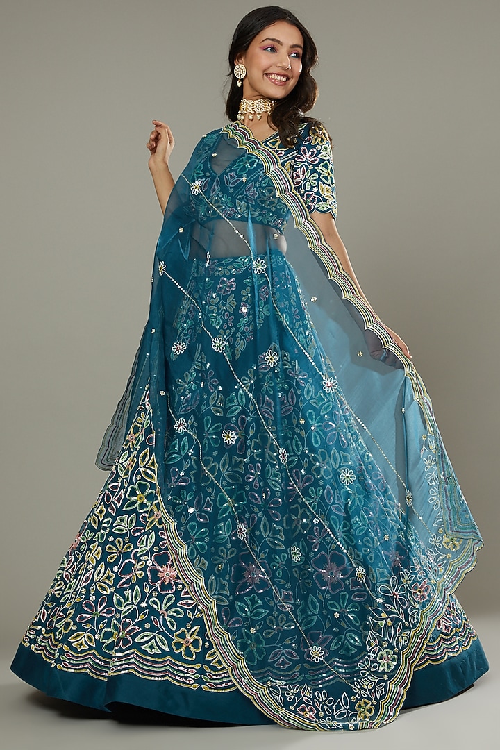 Blueberry Candy Hand Embroidered Raw Silk Bridal Lehenga Set by I AM DESIGN at Pernia's Pop Up Shop