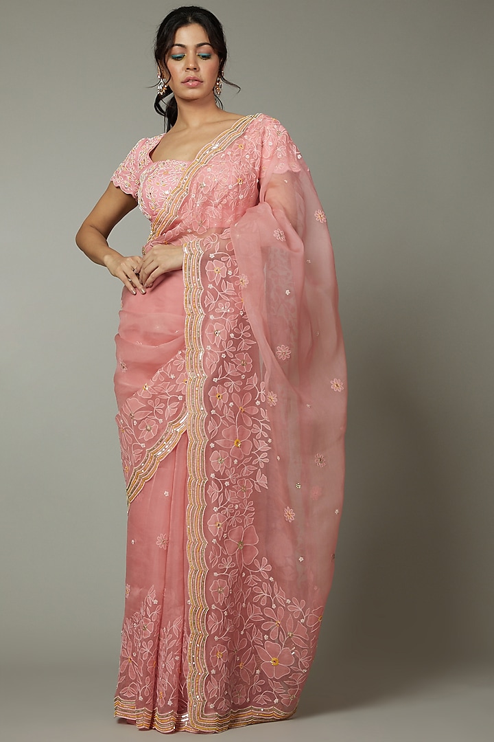 Candy Floss Applique & Hand Embroidered Silk Organza Saree Set 
 by I AM DESIGN
