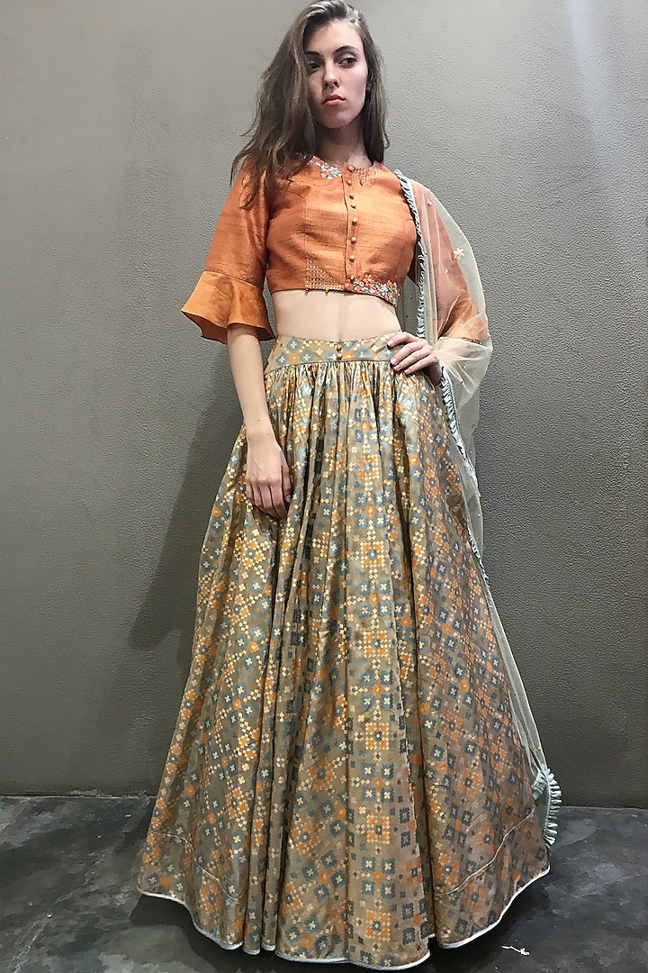 Beige & Orange Printed Wedding Lehenga Set by I AM DESIGN at Pernia's Pop Up Shop
