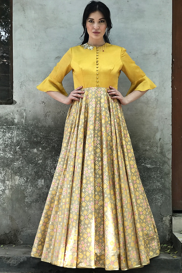 Beige Gold & Mustard Printed Gown by I AM DESIGN