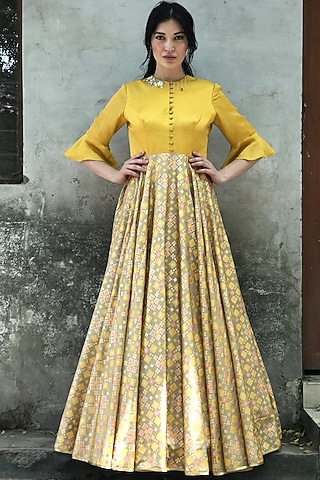 Beige Gold & Mustard Printed Gown by I AM DESIGN
