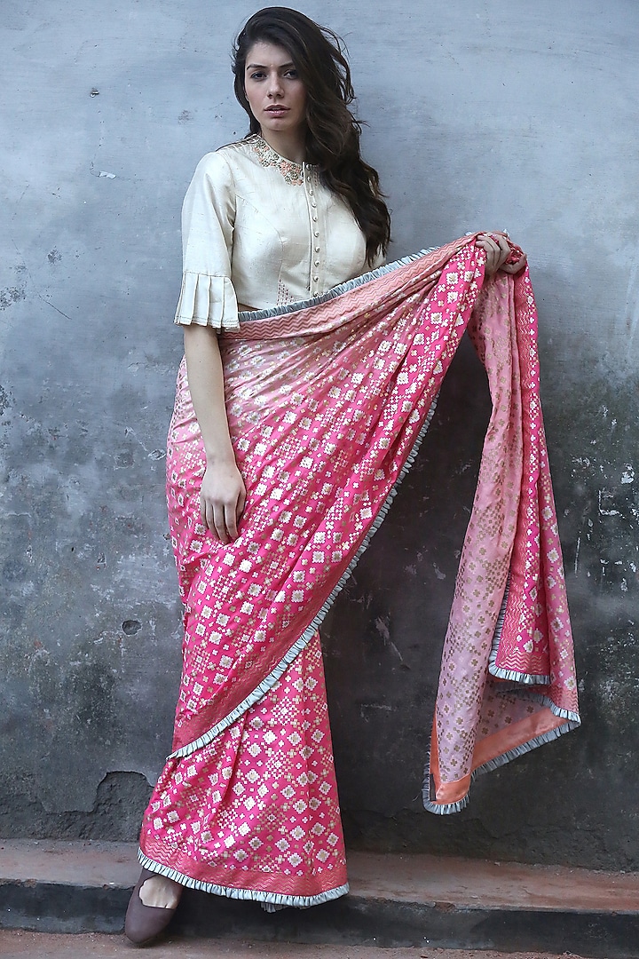 Peach Pink Silk Printed Wedding Saree Set by I Am Design at Pernia's Pop Up Shop