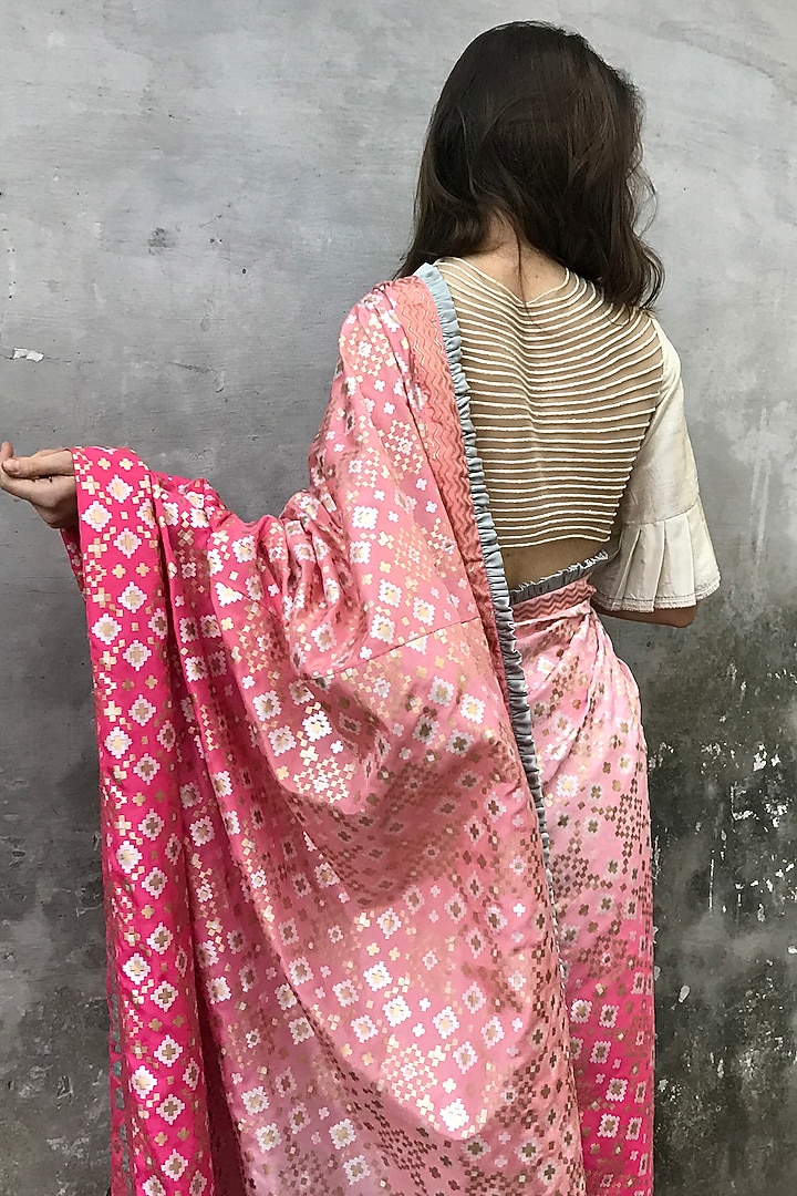 Peach Pink Silk Printed Wedding Saree Set by I Am Design at Pernia's Pop Up Shop