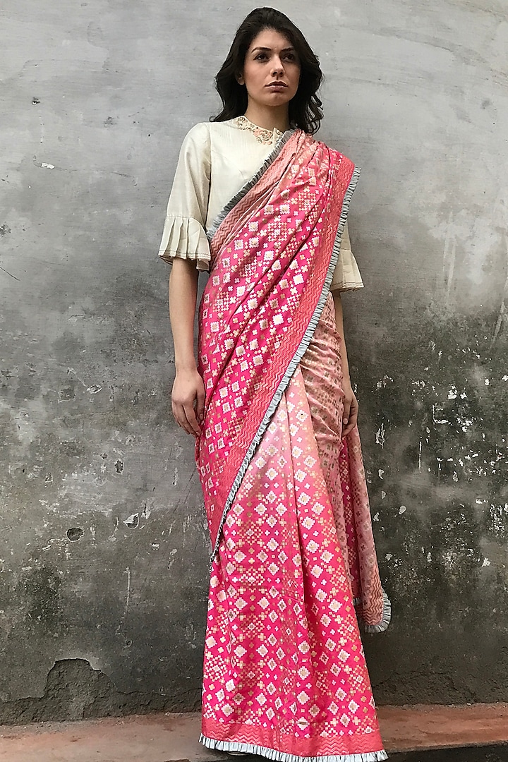Peach Pink Silk Printed Saree Set by I Am Design