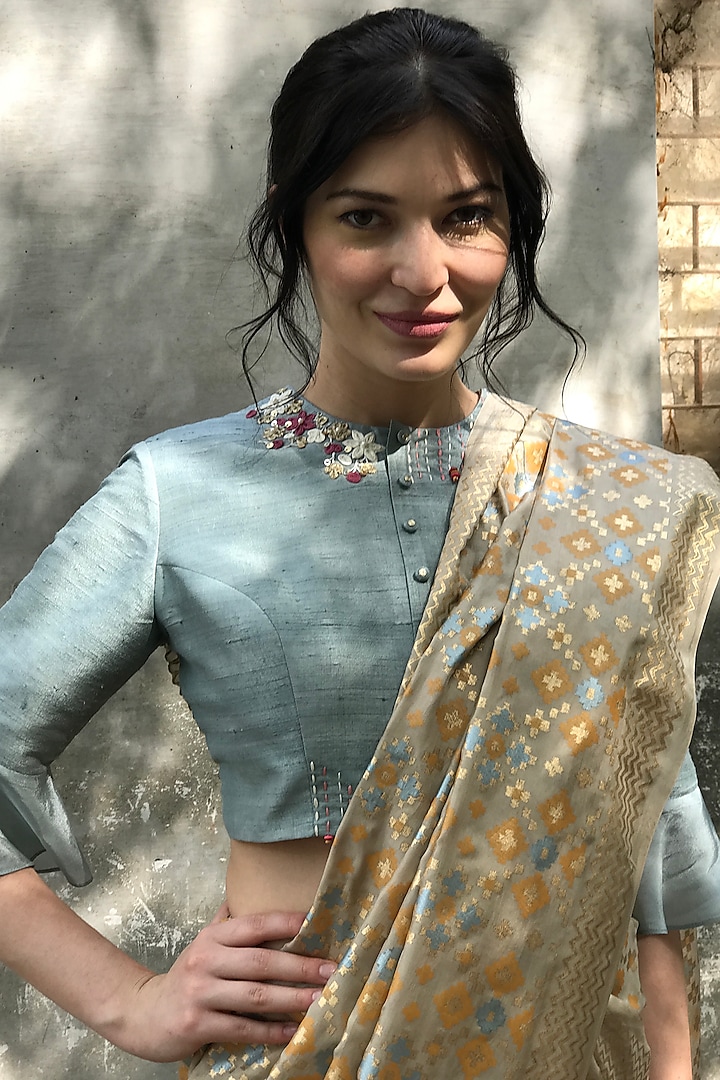 Mint Raw Silk Embroidered Blouse by I Am Design