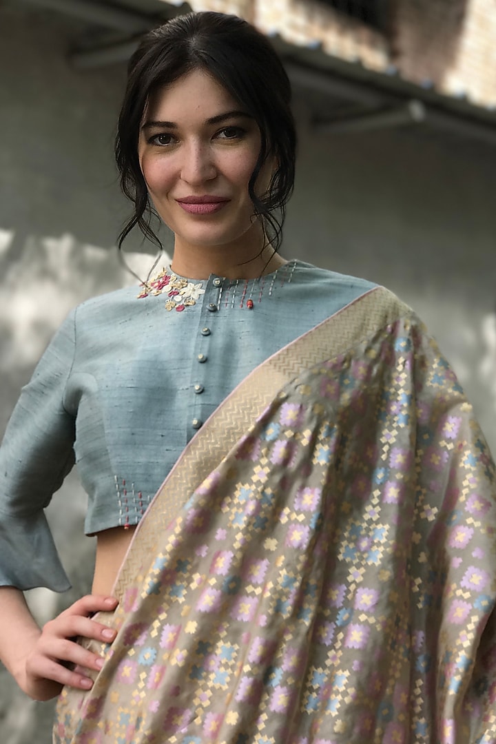 Mint Raw Silk Embroidered Blouse by I Am Design at Pernia's Pop Up Shop