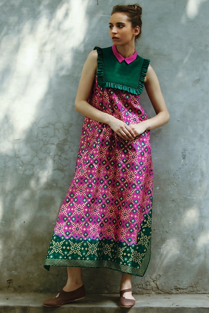 Green & Hot Pink Printed Kurta Dress by I AM DESIGN