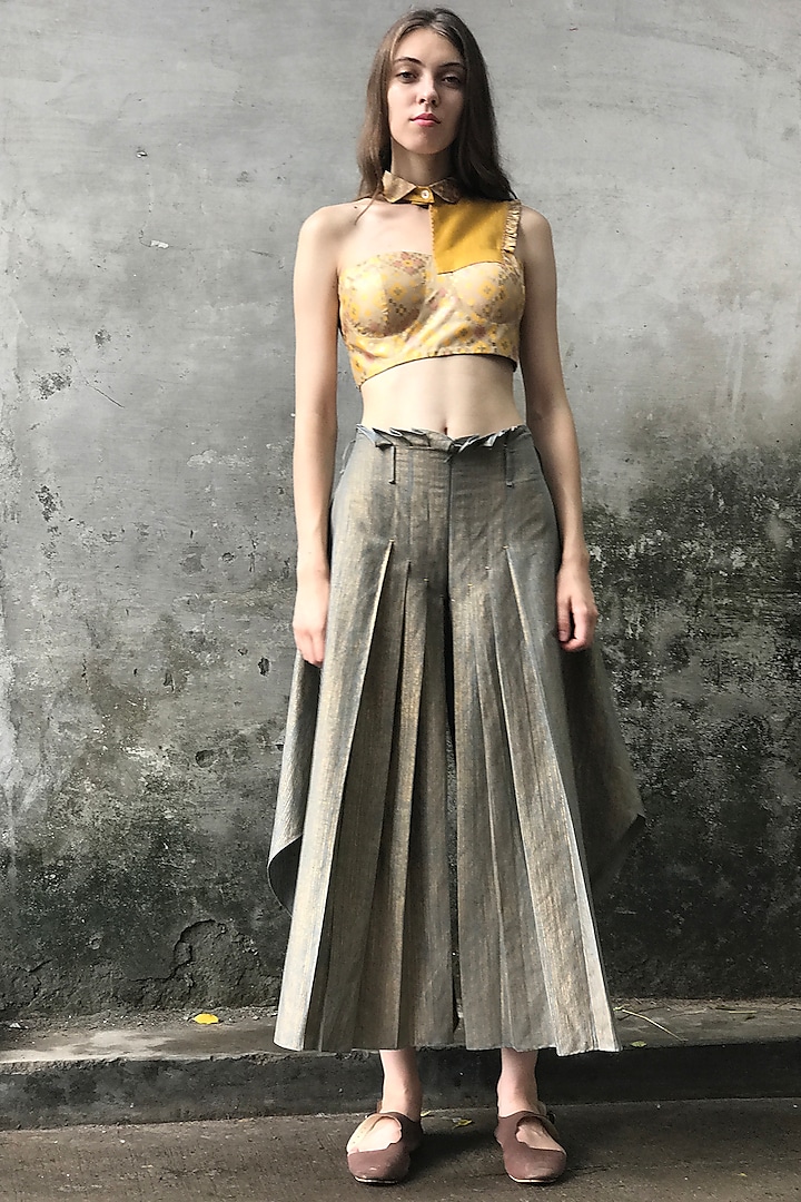 Grey Embroidered Pleated Palazzo Pants by I AM DESIGN