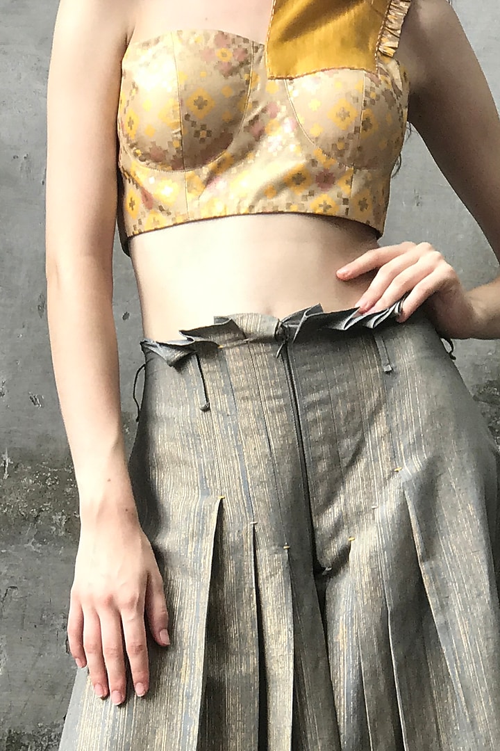 Grey Embroidered Pleated Palazzo Pants by I AM DESIGN at Pernia's Pop Up Shop