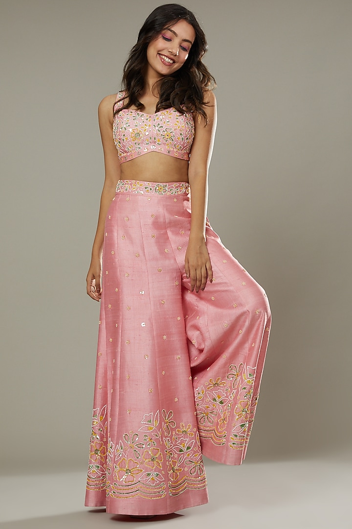 Candy Floss Raw Silk Hand Embroidered Palazzo Pant Set by I AM DESIGN at Pernia's Pop Up Shop