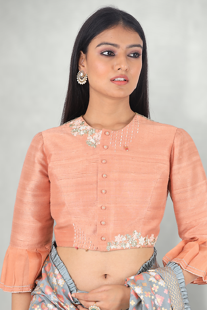 Peach Silk Embroidered Blouse by I Am Design at Pernia's Pop Up Shop