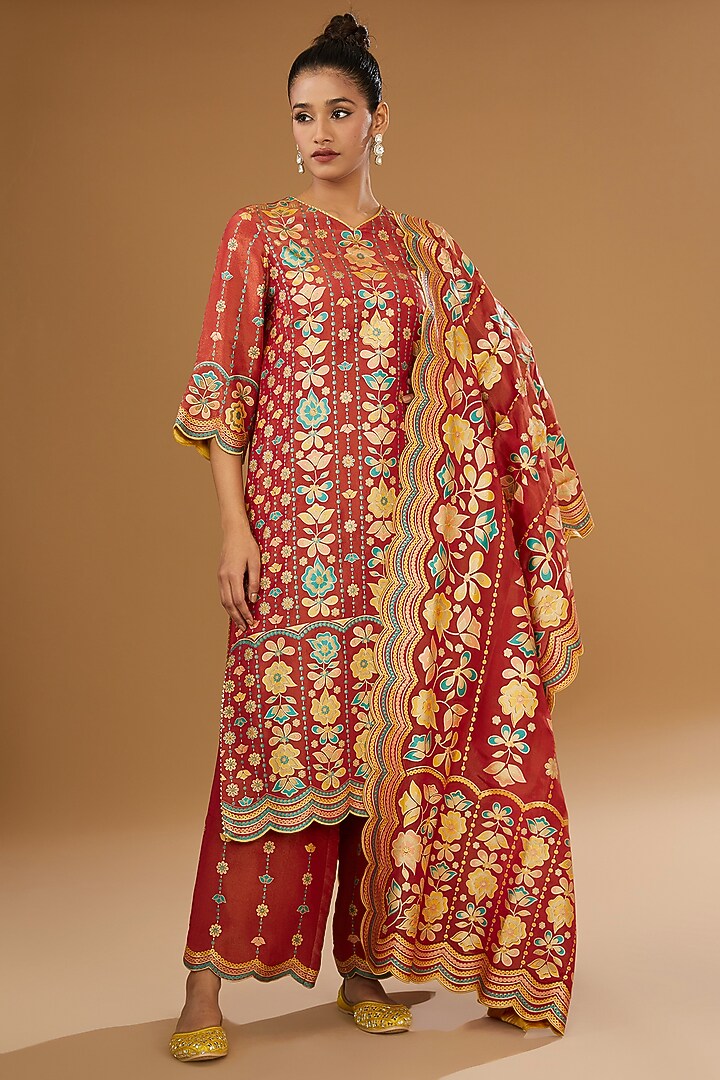 Red Silk Floral Hand Printed Kurta Set by I AM DESIGN at Pernia's Pop Up Shop