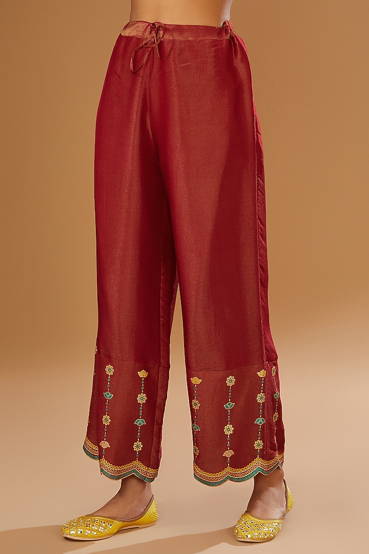 Red Silk Floral Hand Printed Kurta Set by I AM DESIGN at Pernia's Pop Up Shop