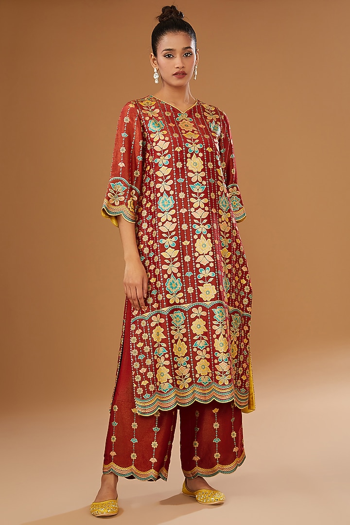 Red Silk Floral Hand Printed Kurta Set by I AM DESIGN at Pernia's Pop Up Shop