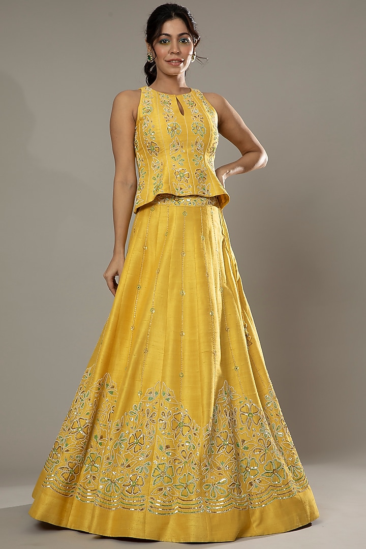 Mango Bite Candy Hand Embroidered Raw Silk Wedding Lehenga Set by I AM DESIGN at Pernia's Pop Up Shop