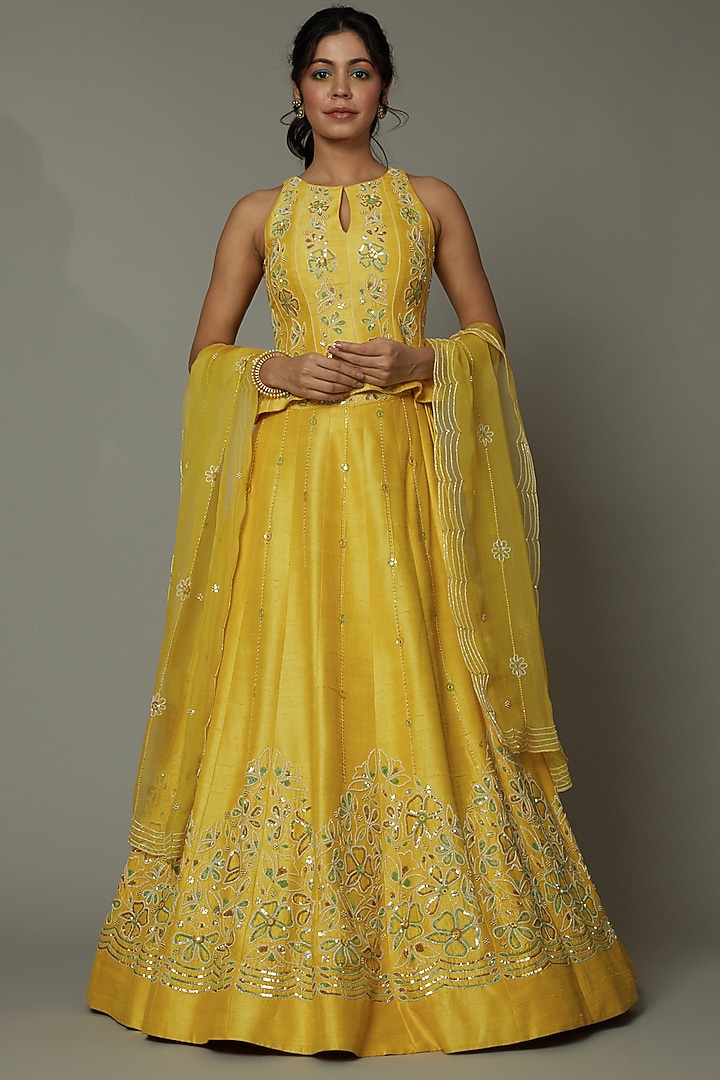 Mango Bite Candy Hand Embroidered Raw Silk Wedding Lehenga Set by I AM DESIGN at Pernia's Pop Up Shop
