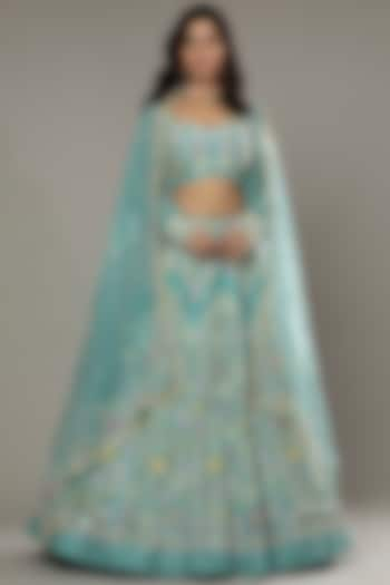 Pepper Mint Candy  Hand Embroidered Raw Silk Bridal Lehenga Set  by I AM DESIGN at Pernia's Pop Up Shop