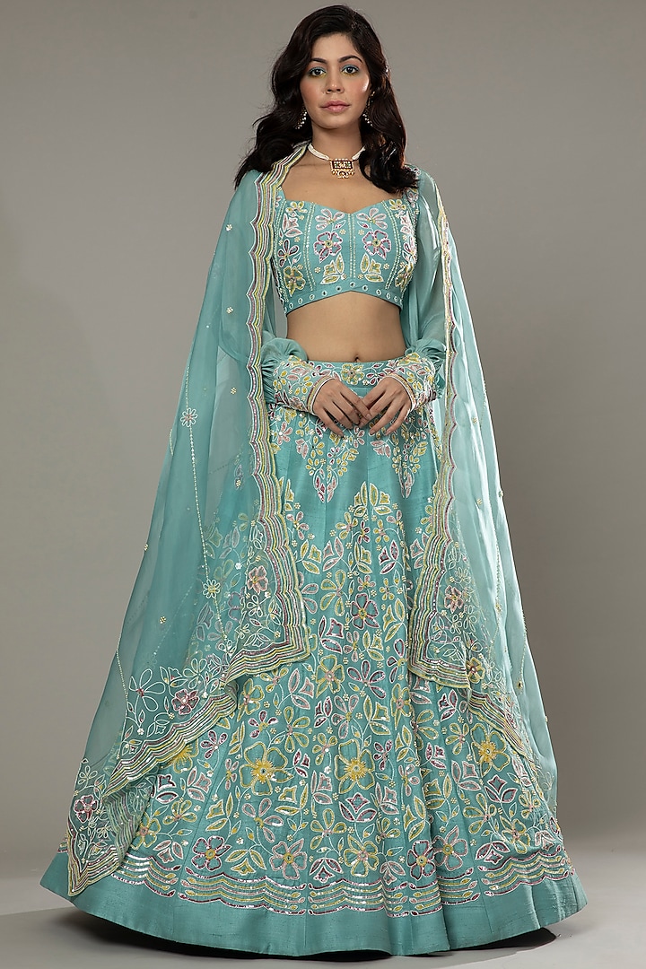 Pepper Mint Candy  Hand Embroidered Raw Silk Bridal Lehenga Set  by I AM DESIGN at Pernia's Pop Up Shop