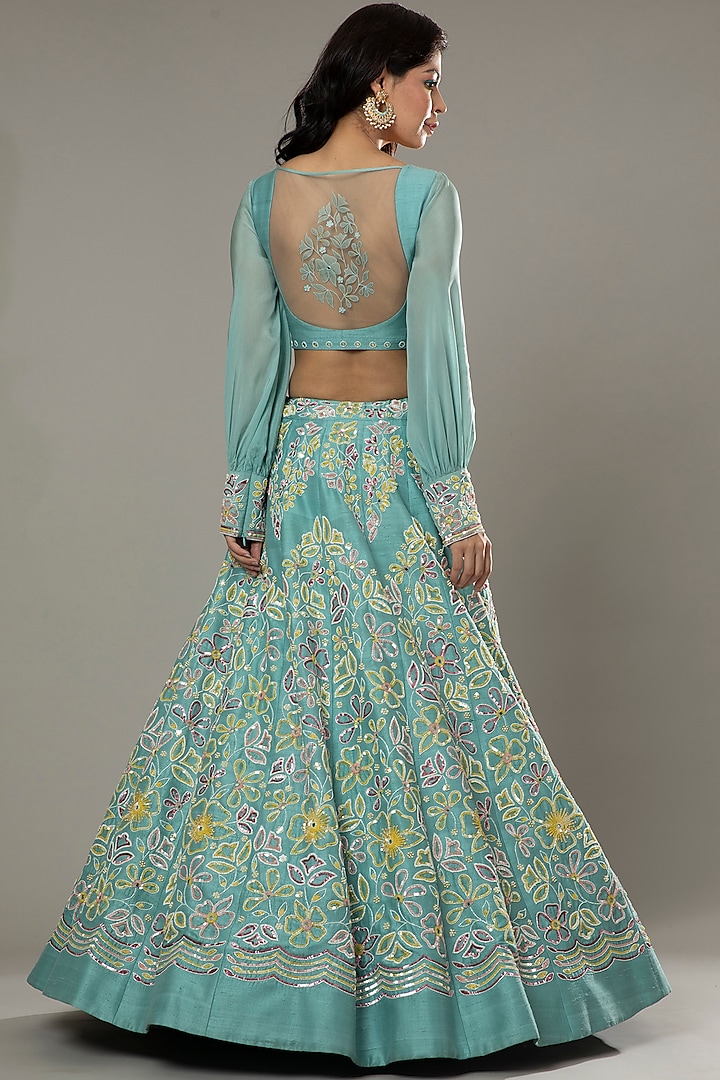 Pepper Mint Candy Hand Embroidered Raw Silk Bridal Lehenga Set by I AM DESIGN at Pernia's Pop Up Shop
