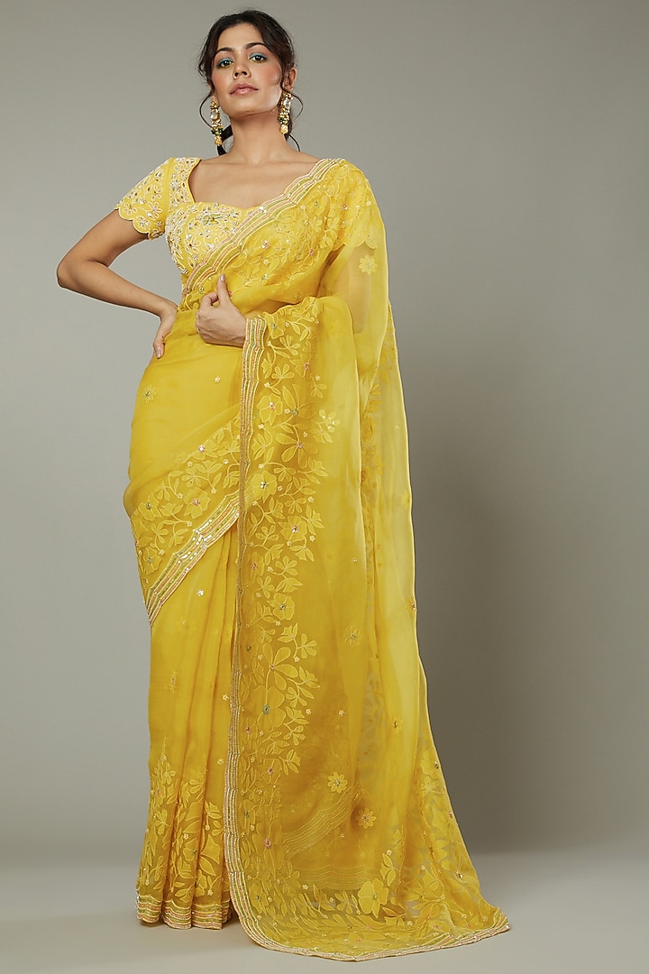 Mango Bite Candy Embroidered Wedding Saree Set by I AM DESIGN at Pernia's Pop Up Shop