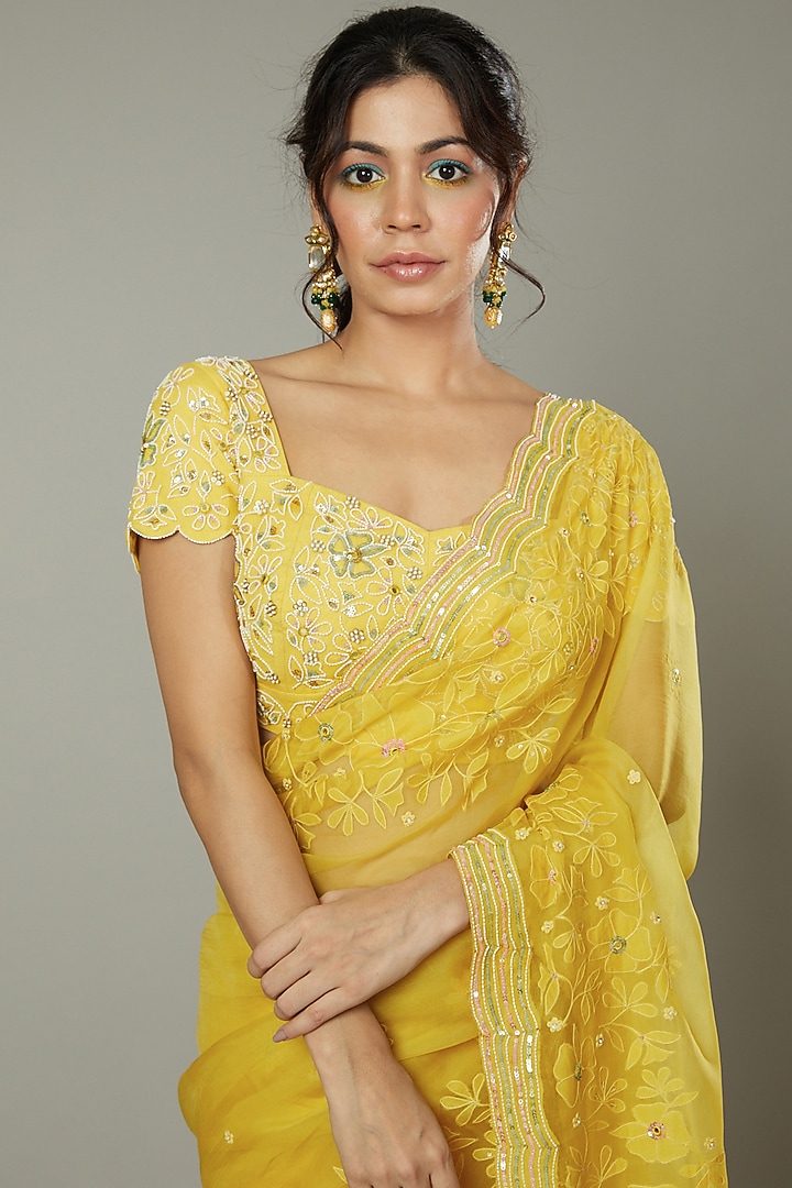 Mango Bite Candy Embroidered Wedding Saree Set by I AM DESIGN at Pernia's Pop Up Shop