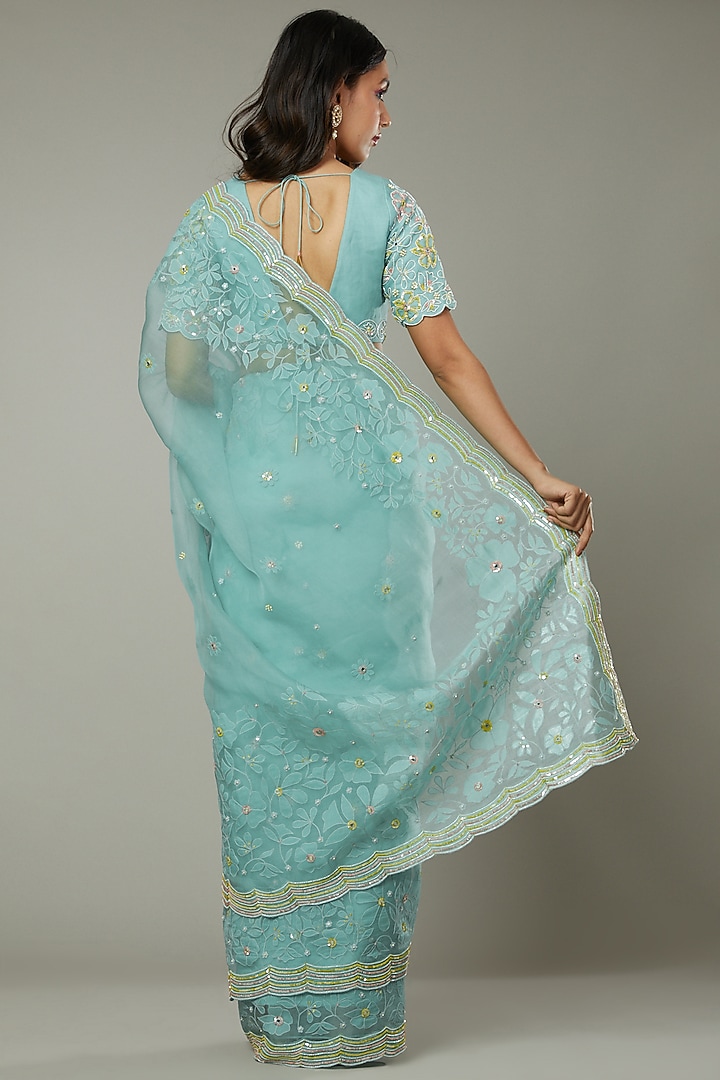 Peppermint Candy Hand Embroidered Wedding Saree Set by I AM DESIGN at Pernia's Pop Up Shop