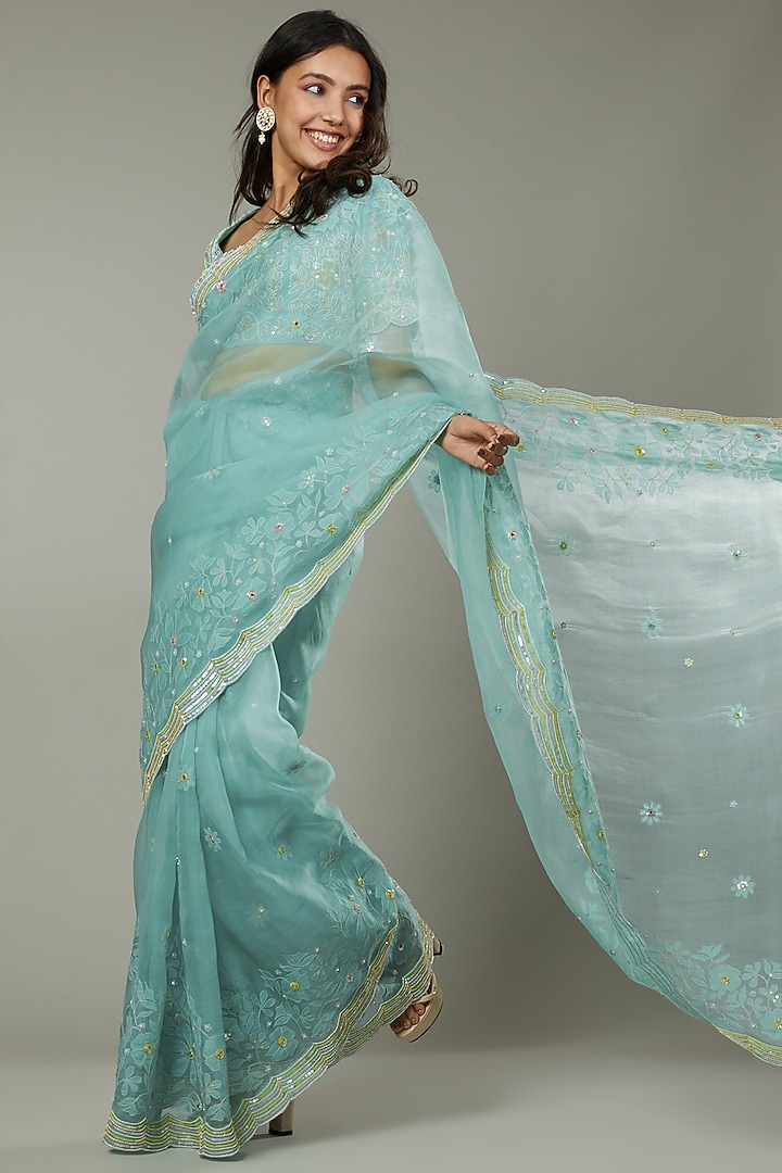 Peppermint Candy Hand Embroidered Wedding Saree Set by I AM DESIGN at Pernia's Pop Up Shop