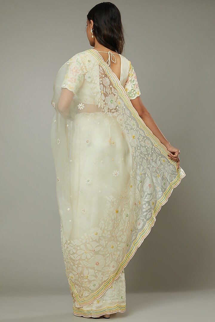 French Vanilla Candy Hand Embroidered Wedding Saree Set by I AM DESIGN at Pernia's Pop Up Shop