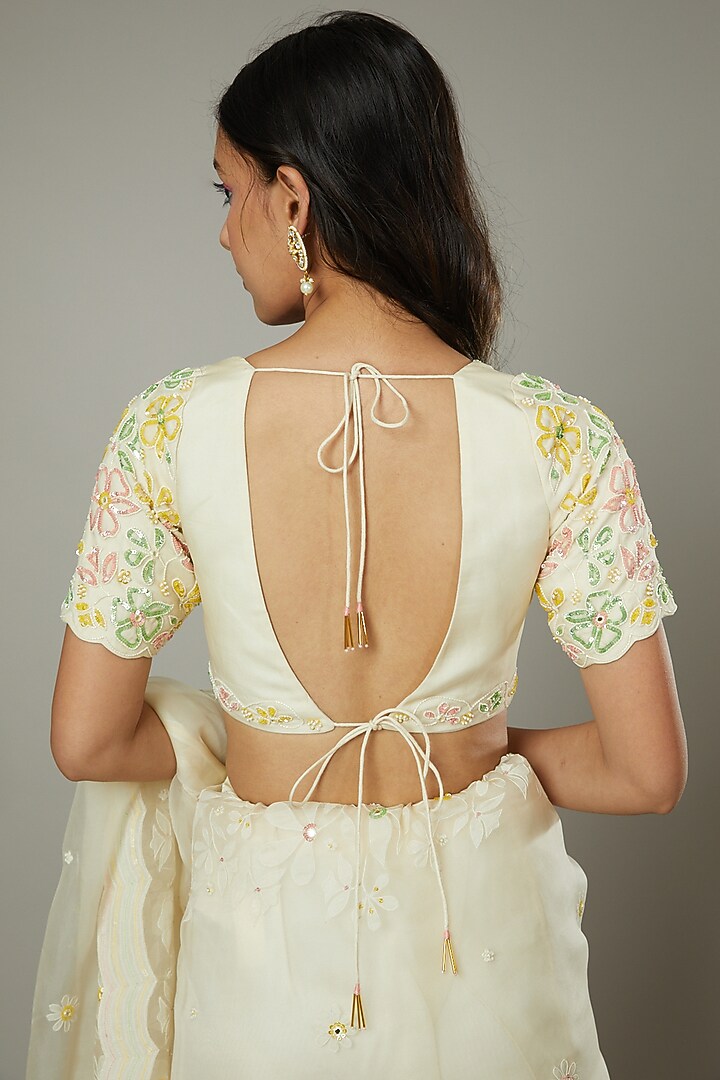 French Vanilla Candy Hand Embroidered Wedding Saree Set by I AM DESIGN at Pernia's Pop Up Shop
