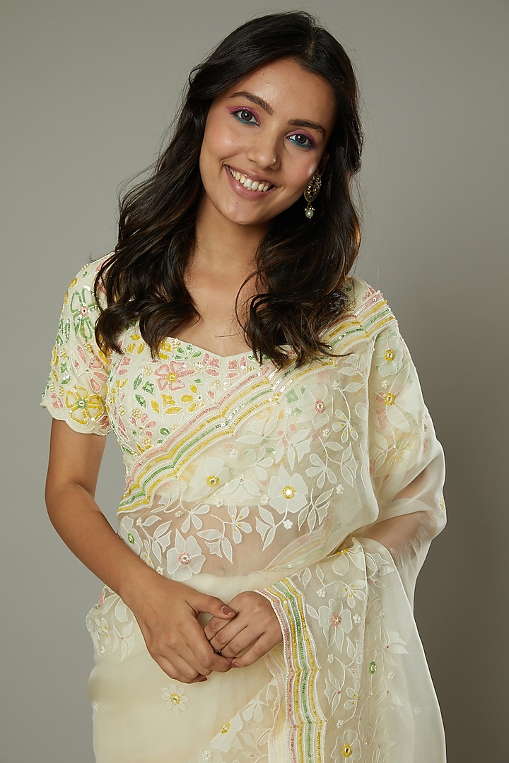 French Vanilla Candy Hand Embroidered Wedding Saree Set by I AM DESIGN at Pernia's Pop Up Shop