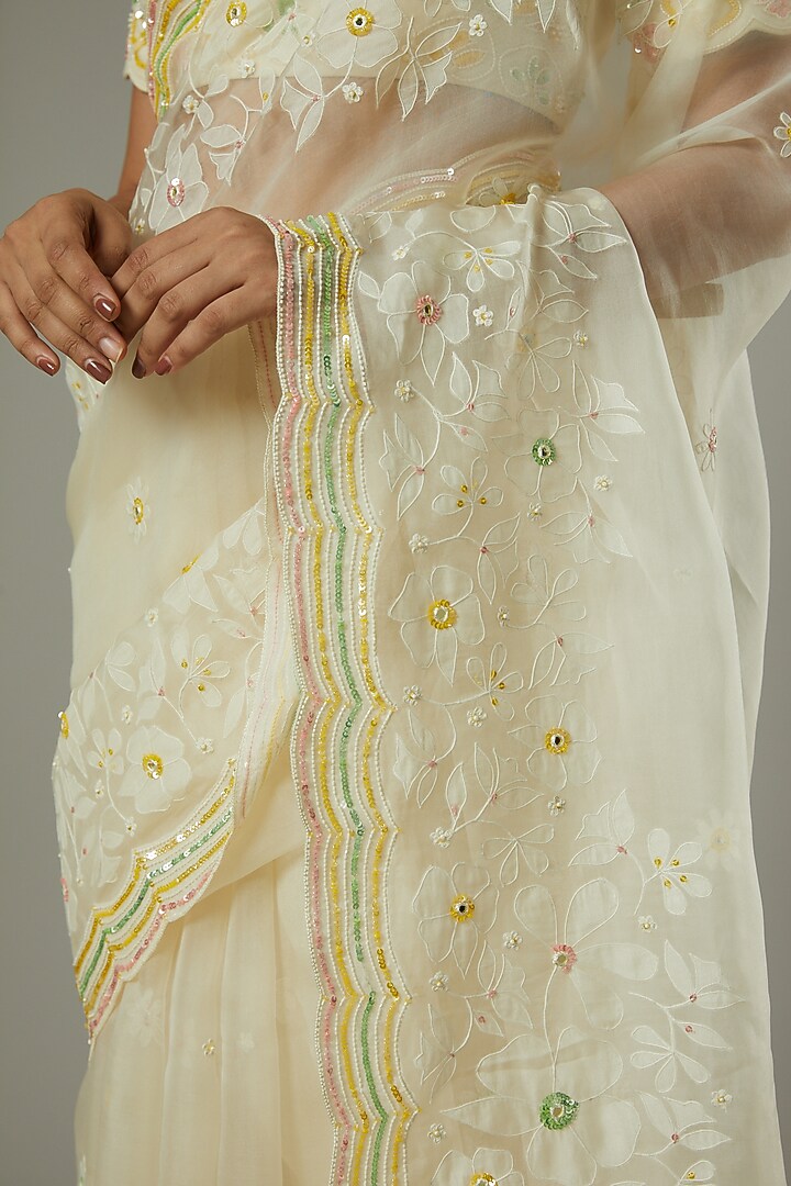 French Vanilla Candy Hand Embroidered Wedding Saree Set by I AM DESIGN at Pernia's Pop Up Shop