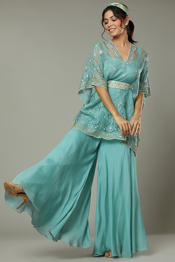 Peppermint Candy Silk Organza Flared Palazzo Pant Set by I AM DESIGN at Pernia's Pop Up Shop