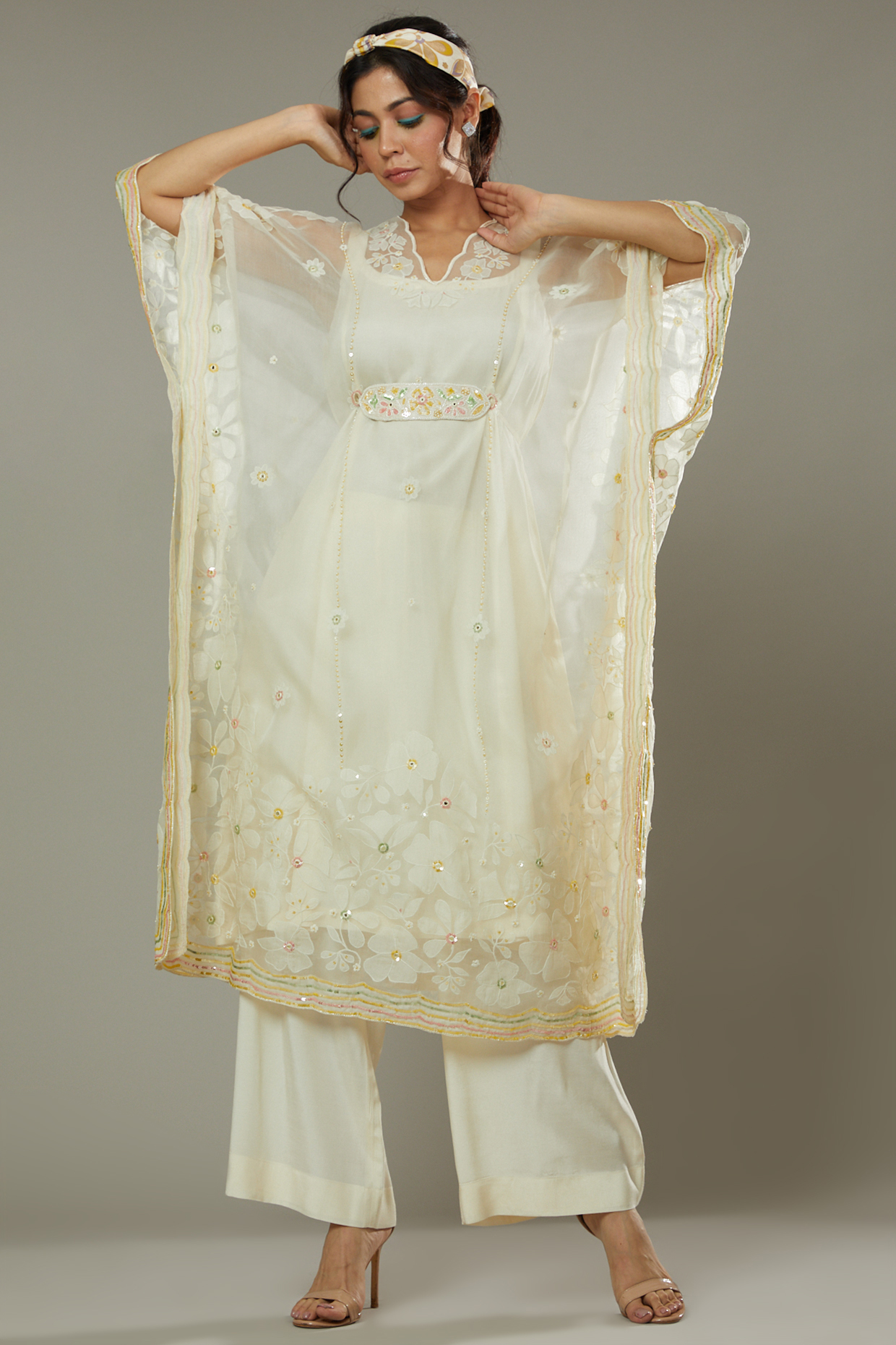 French Vanilla Candy Applique & Hand Embroidered Kaftaan Set  by I AM DESIGN at Pernia's Pop Up Shop