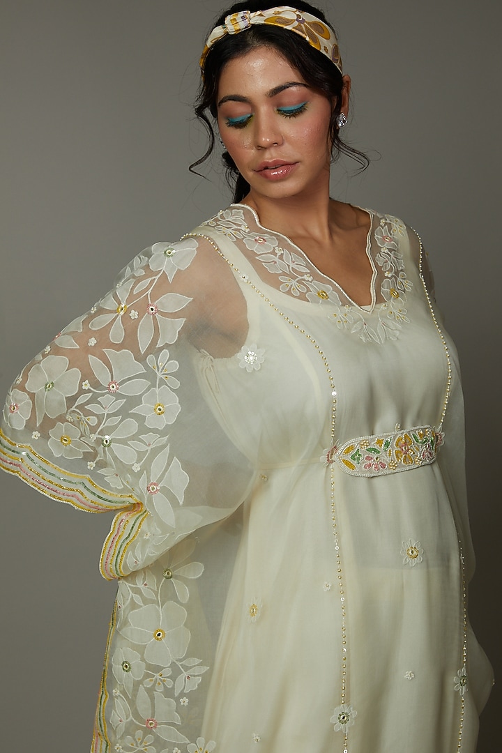 French Vanilla Candy Applique & Hand Embroidered Kaftaan Set  by I AM DESIGN at Pernia's Pop Up Shop