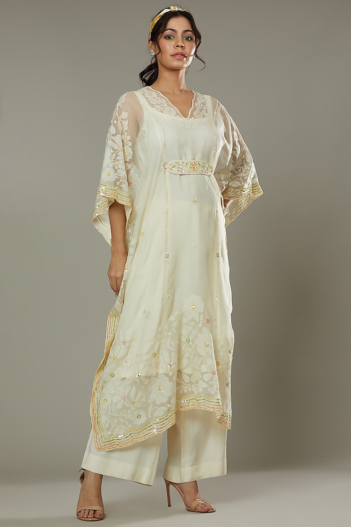 French Vanilla Candy Applique & Hand Embroidered Kaftaan Set  by I AM DESIGN at Pernia's Pop Up Shop