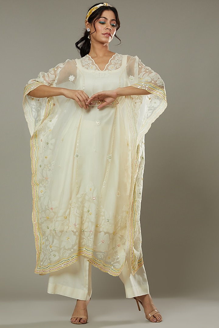 French Vanilla Candy Applique & Hand Embroidered Kaftaan Set  by I AM DESIGN at Pernia's Pop Up Shop