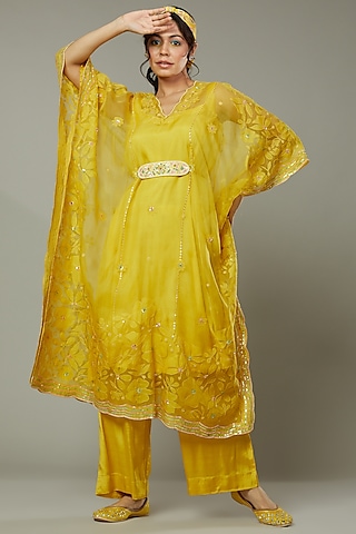 Mango Bite Candy Applique & Hand Embroidered Kaftaan Set  by I AM DESIGN