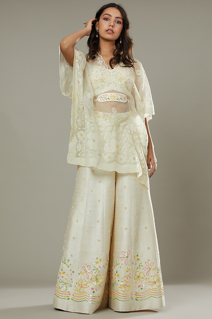 Vanilla Candy Raw Silk Hand Embroidered Palazzo Pant Set by I AM DESIGN