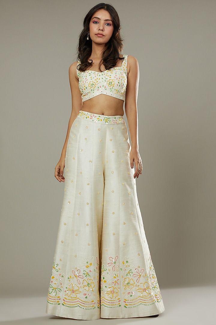Vanilla Candy Raw Silk Hand Embroidered Palazzo Pant Set by I AM DESIGN at Pernia's Pop Up Shop