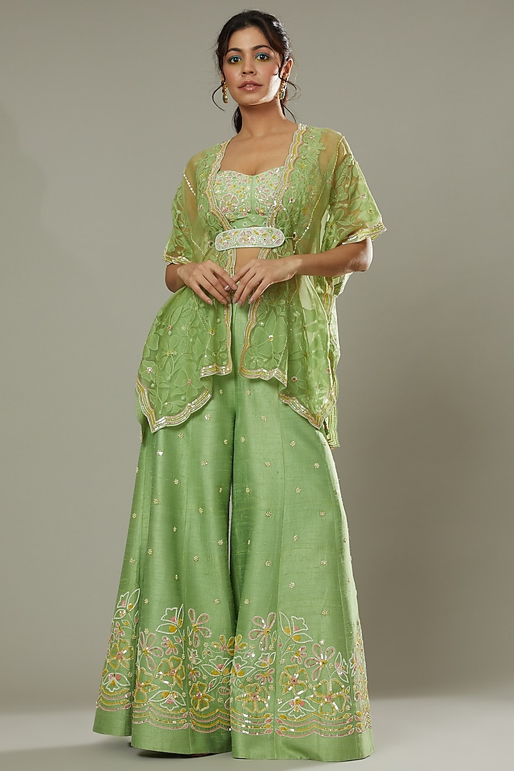 Green Apple Candy Hand Embroidered & Applique Sharara Set  by I AM DESIGN