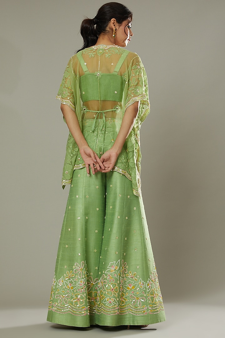 Green Apple Candy Raw Silk Hand Embroidered Palazzo Pant Set by I AM DESIGN at Pernia's Pop Up Shop